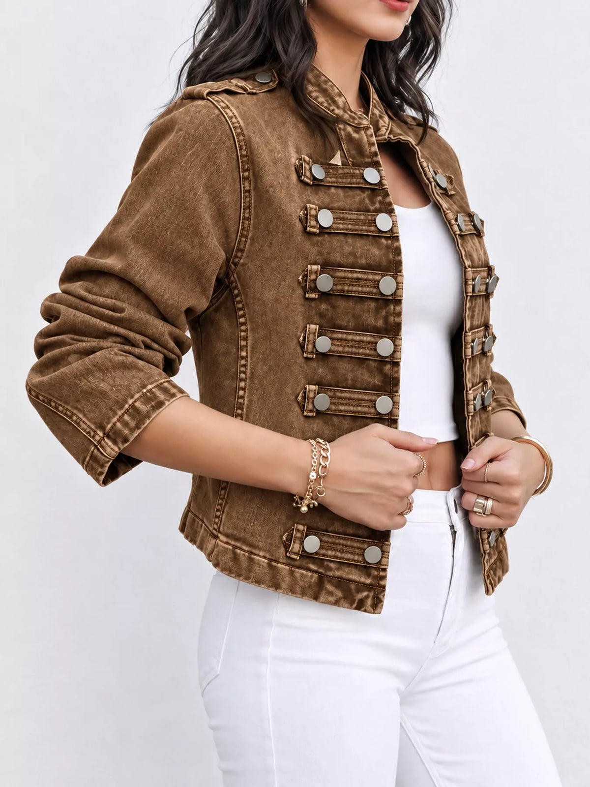 Decorative Button Cropped Denim Jacket — side view