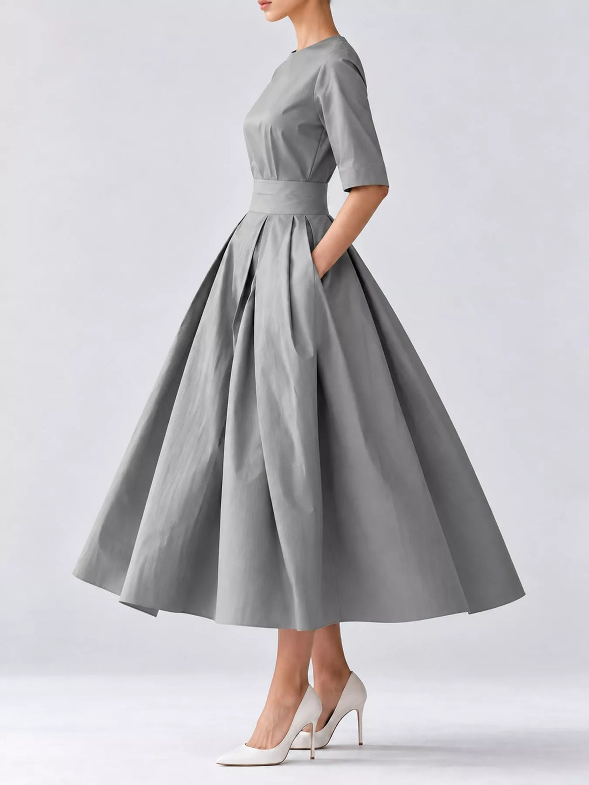 Round neck short sleeve midi dress, side view