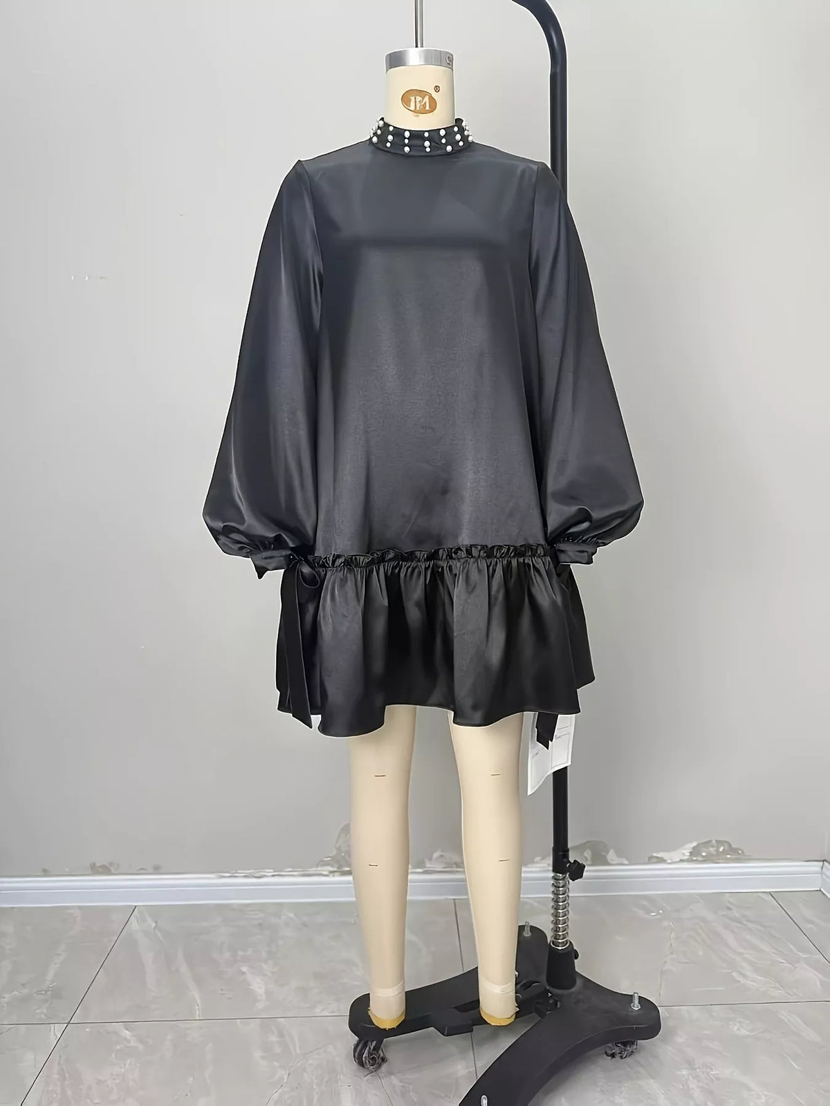 Pearl-trim mini dress, black mannequin front