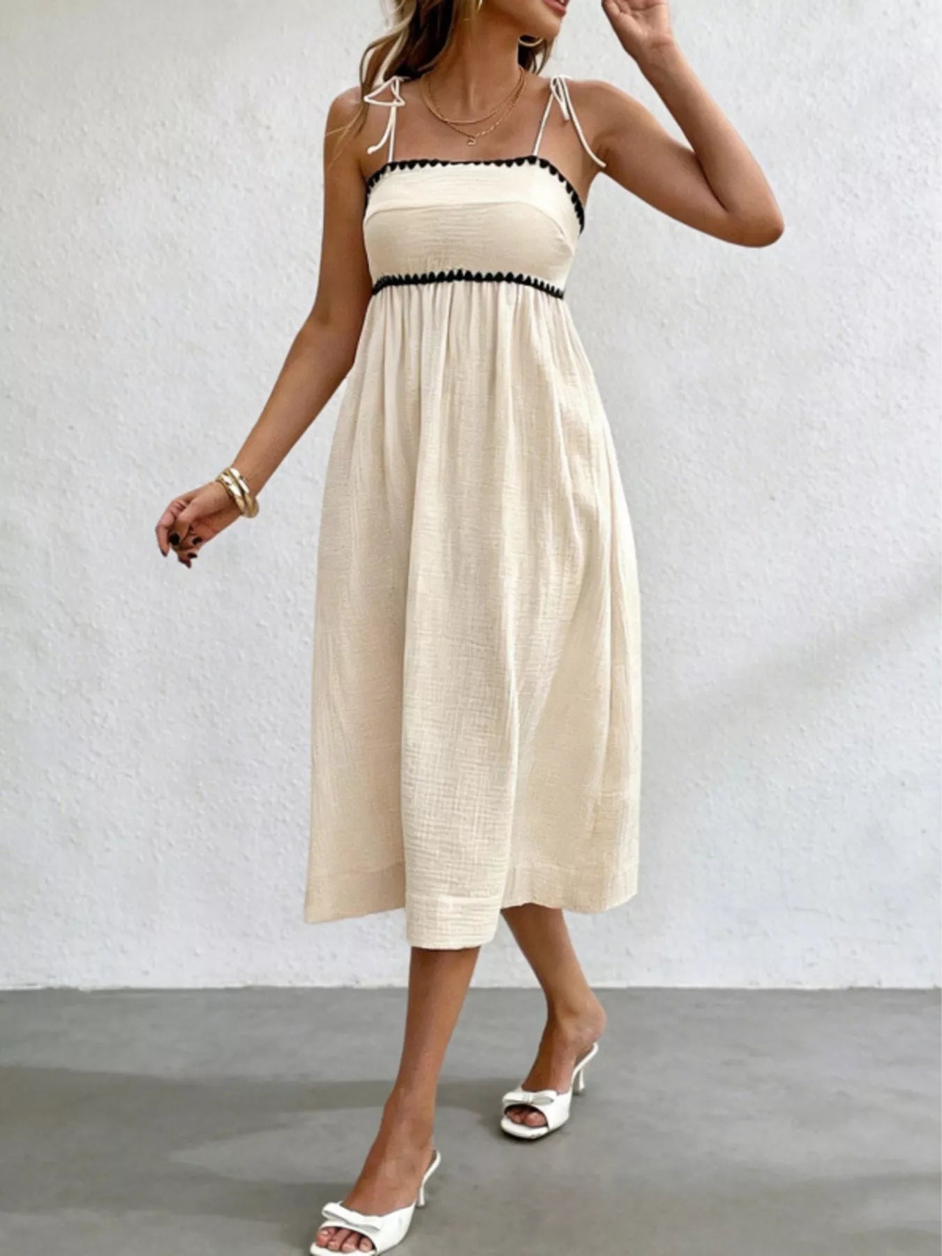 Trendsi Contrast Trim Tie Shoulder Midi Dress -