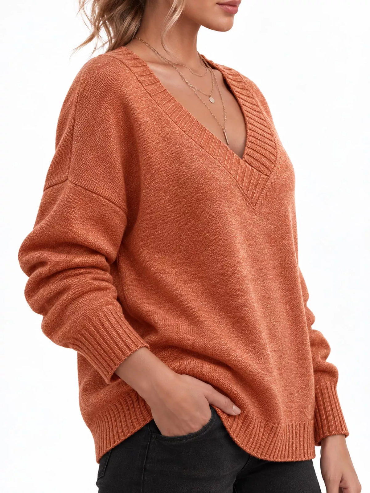 V-neck sweater, rust side