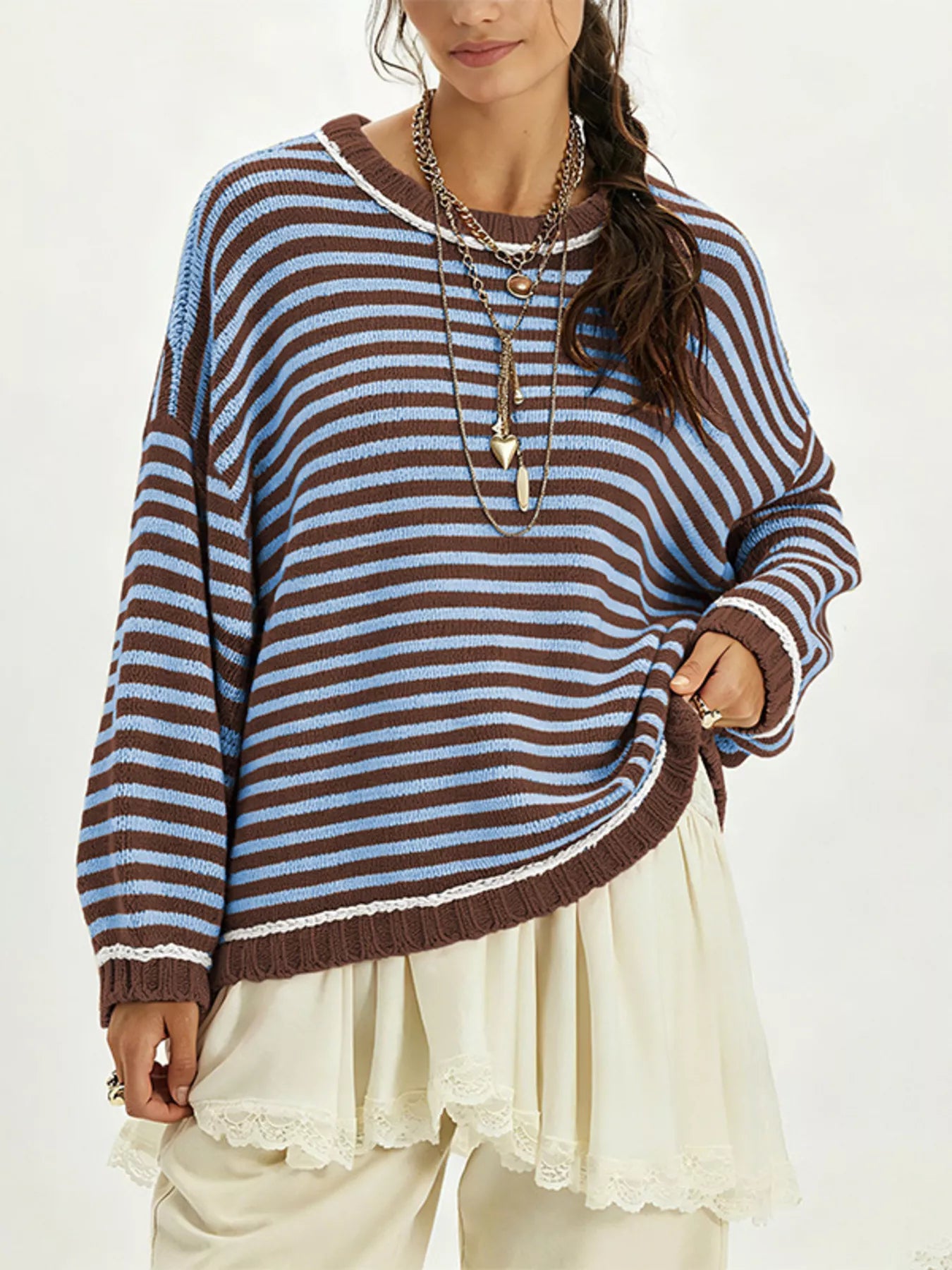 Trendsi Oversized Striped Dropped Shoulder Sweater -