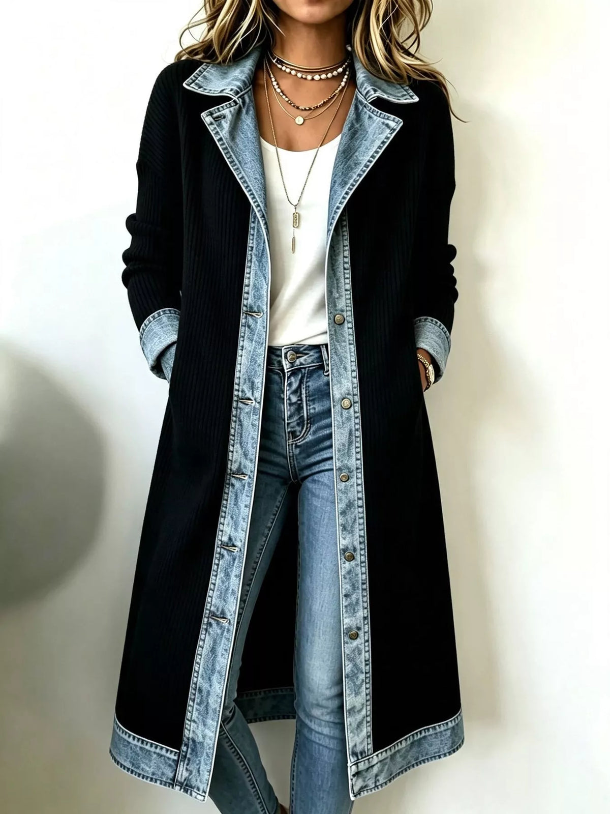 Black Real Denim denim-trimmed ribbed knit longline cardigan