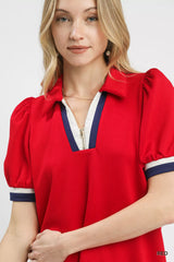 Trendsi Umgee Puff Sleeve Zip Front Top with Contrast Striped Trim -
