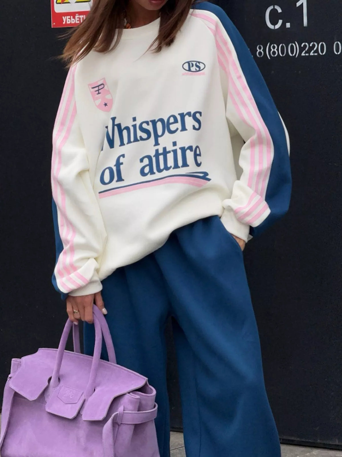 Cream top and navy pants color-block sweatshirt and wide-leg pants set — front view