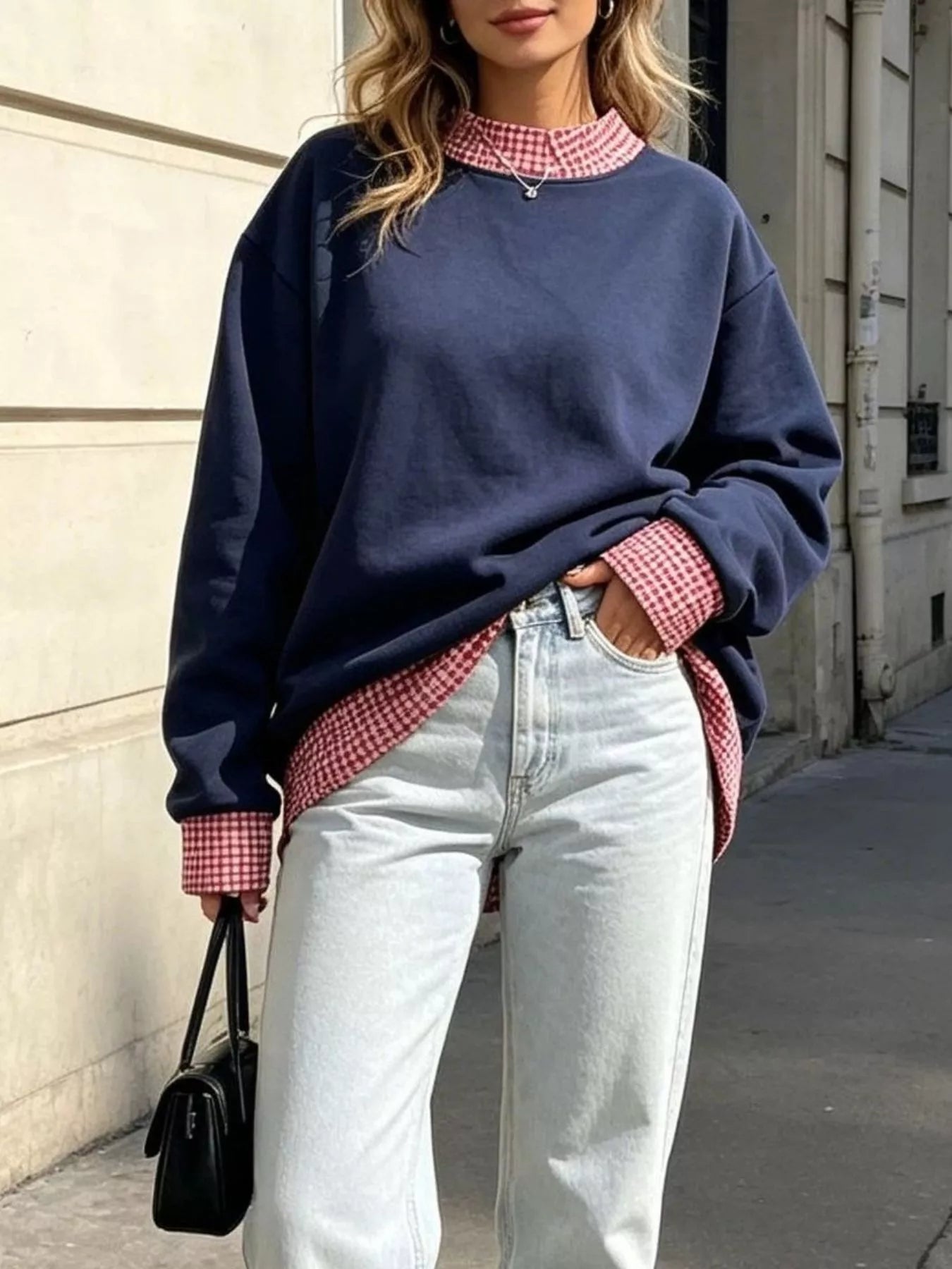 Trendsi Polka Dot Contrast Trim Dropped Shoulder Sweatshirt -