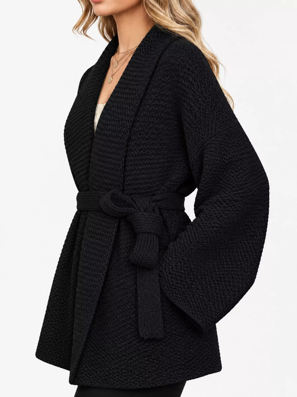Belted cardigan, black side