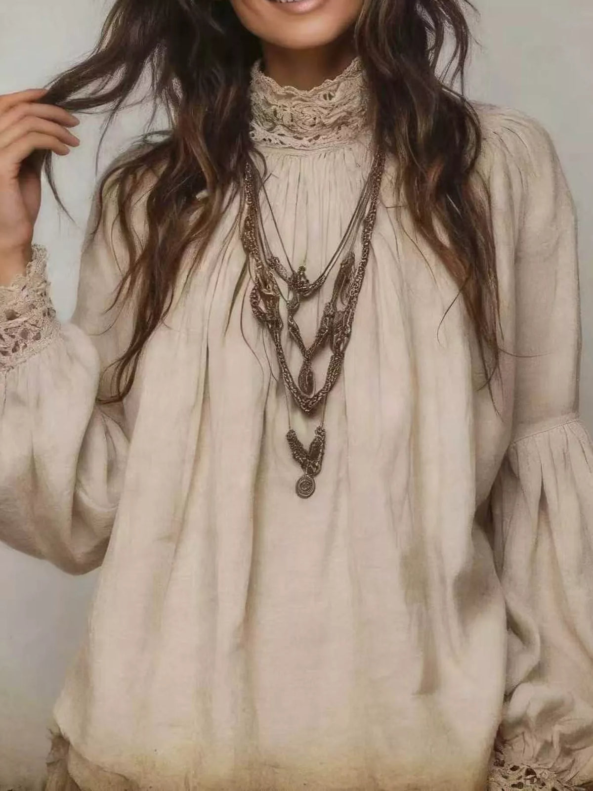 Oatmeal lace mock neck long sleeve blouse