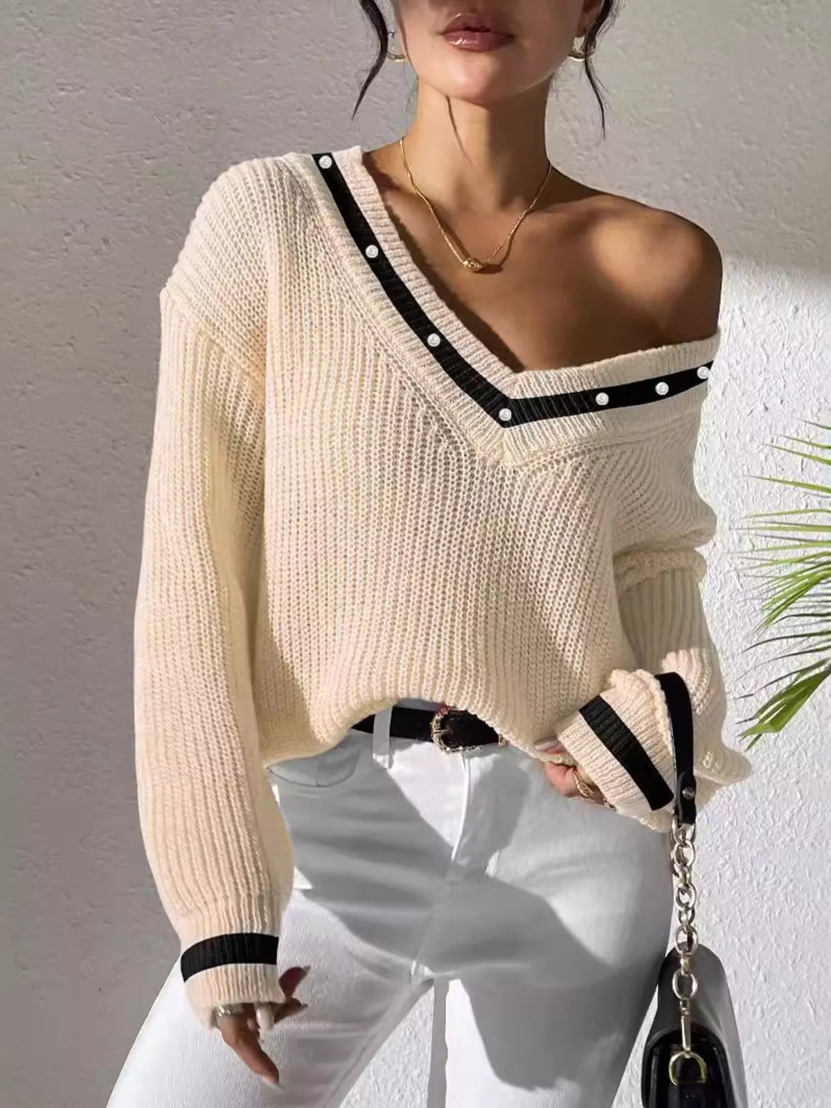 V-neck contrast-trim sweater with pearl decor in tan, off-shoulder styling view