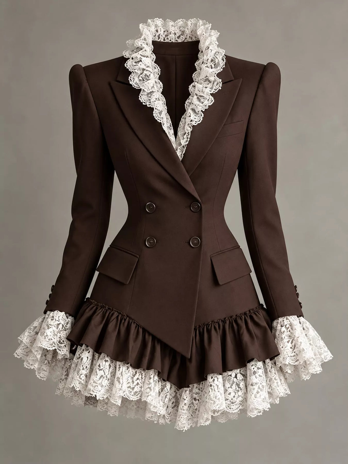 Dark brown lace trim blazer dress, front view
