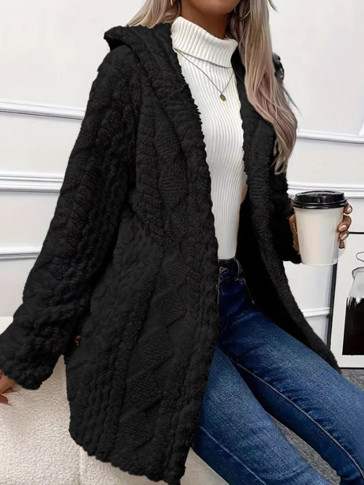 Black cable knit faux fur hooded jacket