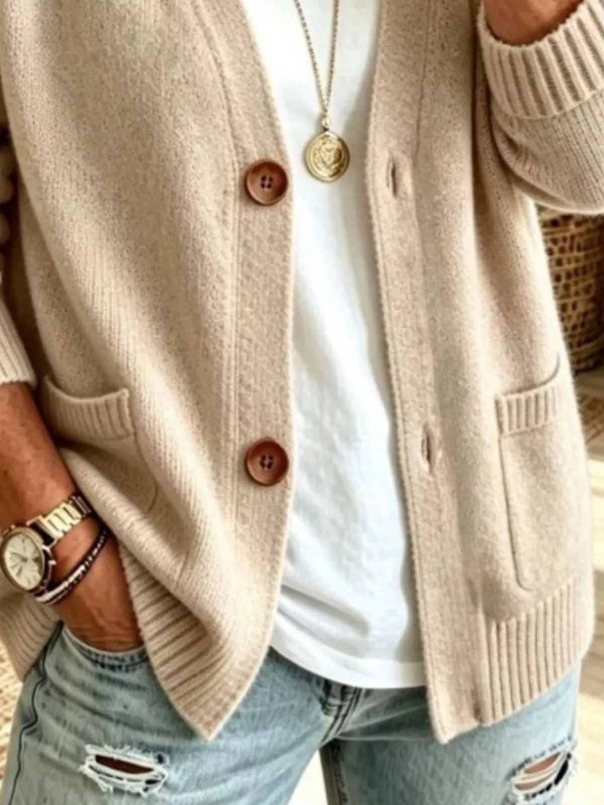 Women's Button Up Raglan Sleeve Cardigan in Khaki, back view