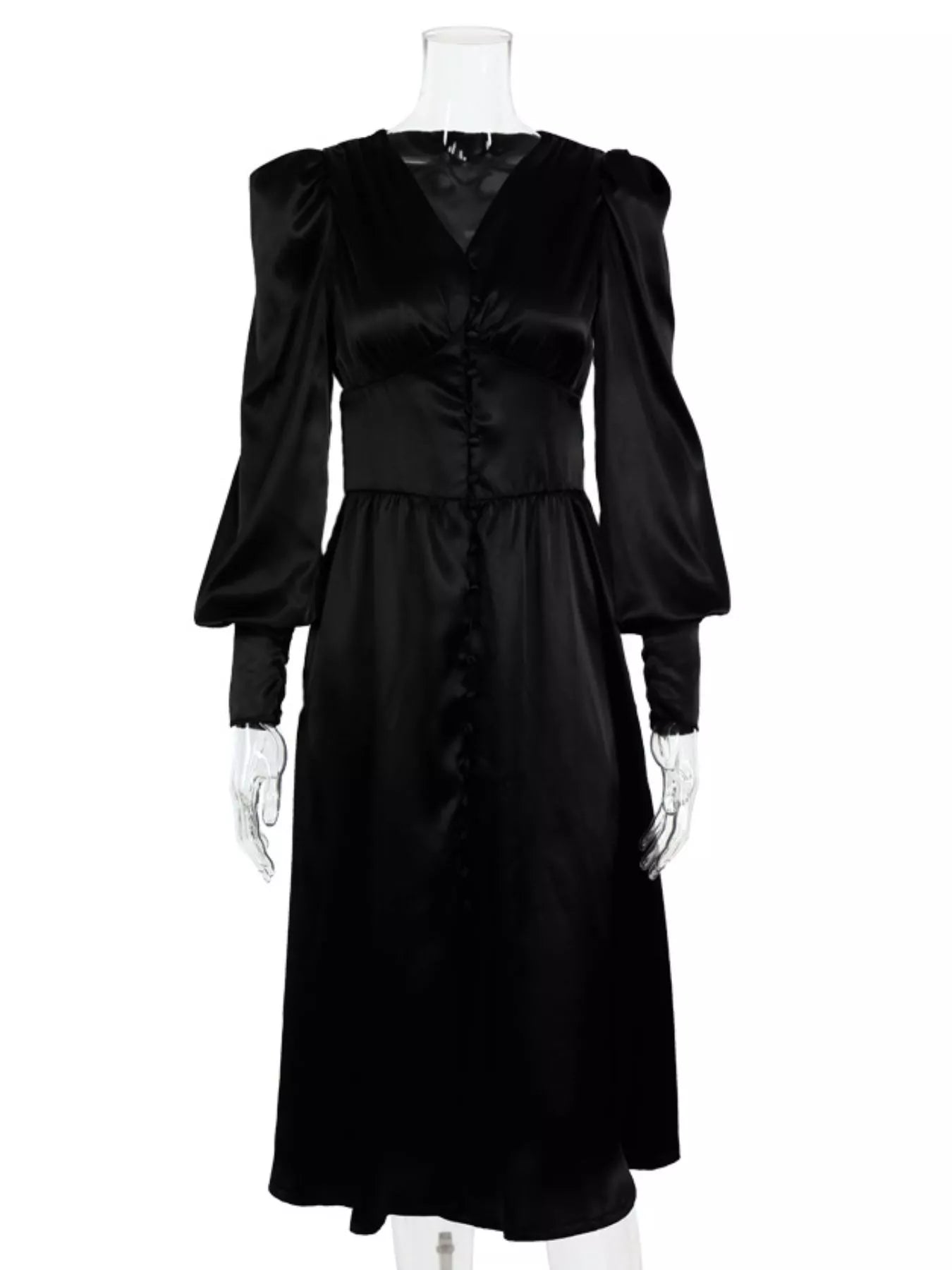 Trendsi Elegant V-Neck Puff Sleeve Button-Down Midi Dress -