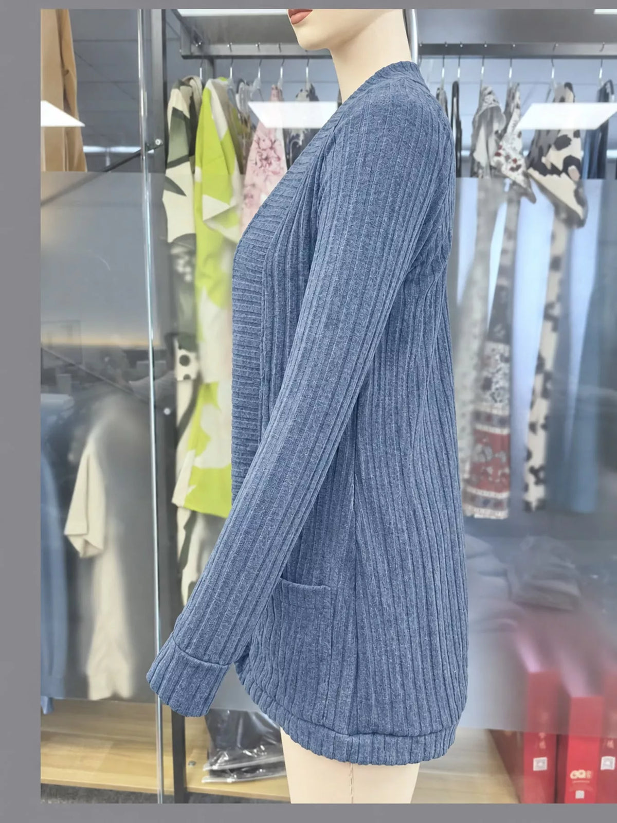 Ribbed Knit Open Front Cardigan with Pockets — side view