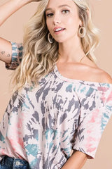 Trendsi BiBi Tie Dye Print Terry Deep U Neck Top -