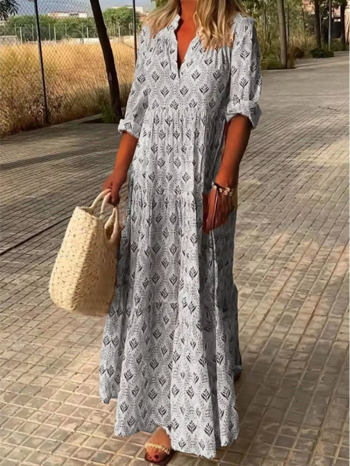 Printed notched tiered maxi dress