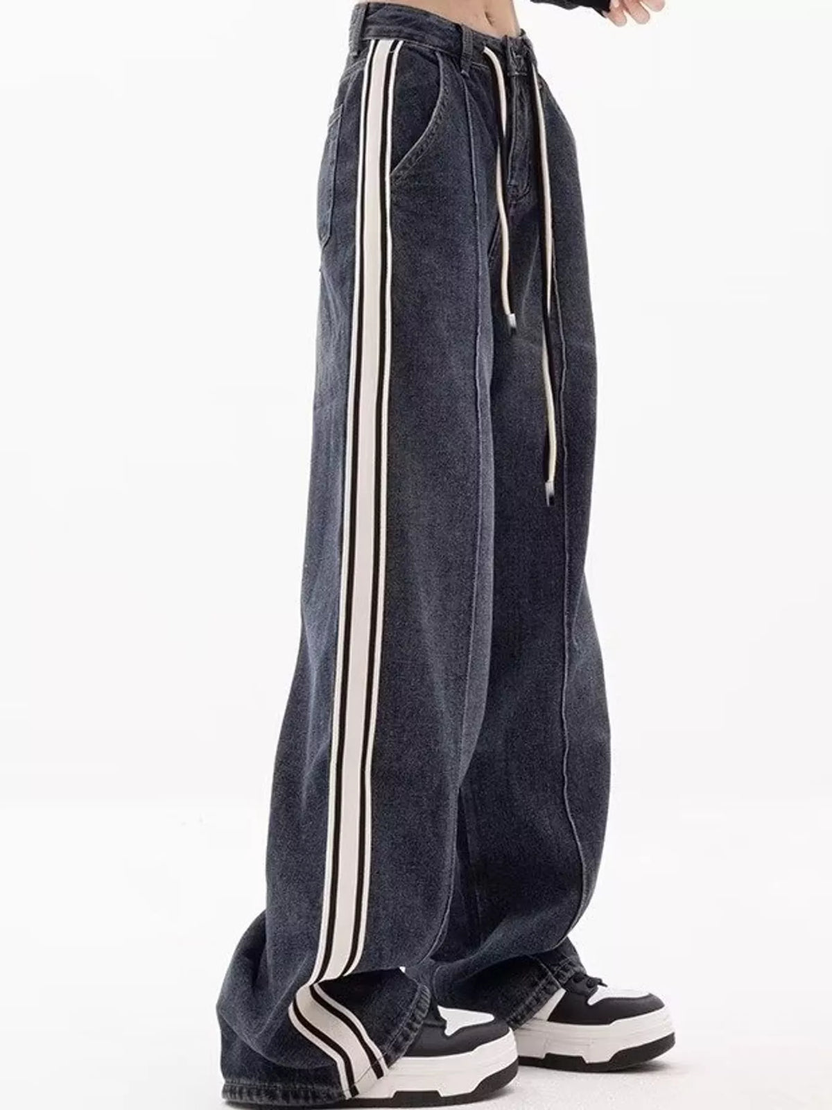High-Waisted Wide-Leg Contrast Stripe Jeans, side view