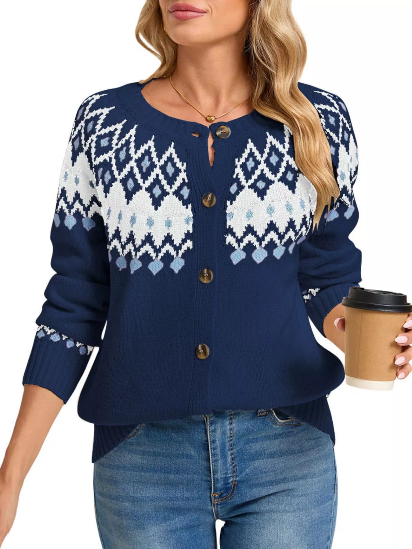 Trendsi Fair Isle Patterned Button-Down Knit Cardigan -