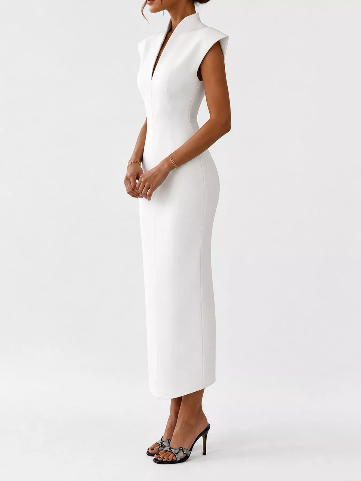 Women's Slit Sleeveless Bodycon Midi Dress in white — side view