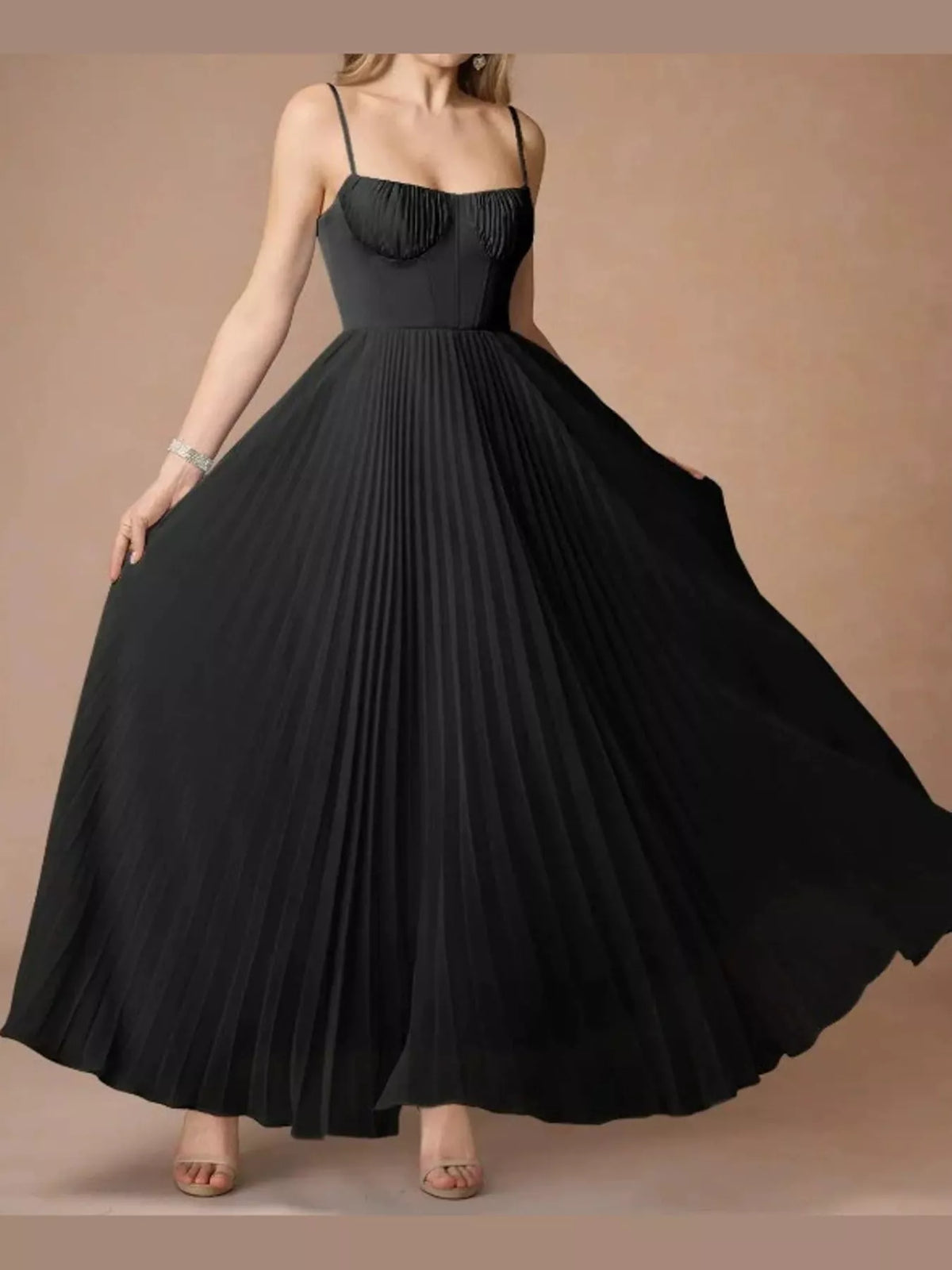 Black pleated sweetheart neck midi dress — front view