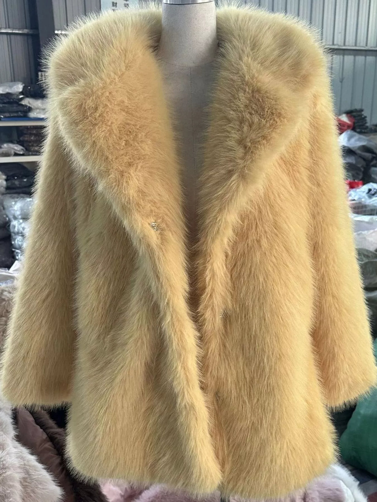 Faux Fur Long Sleeve Coat in yellow