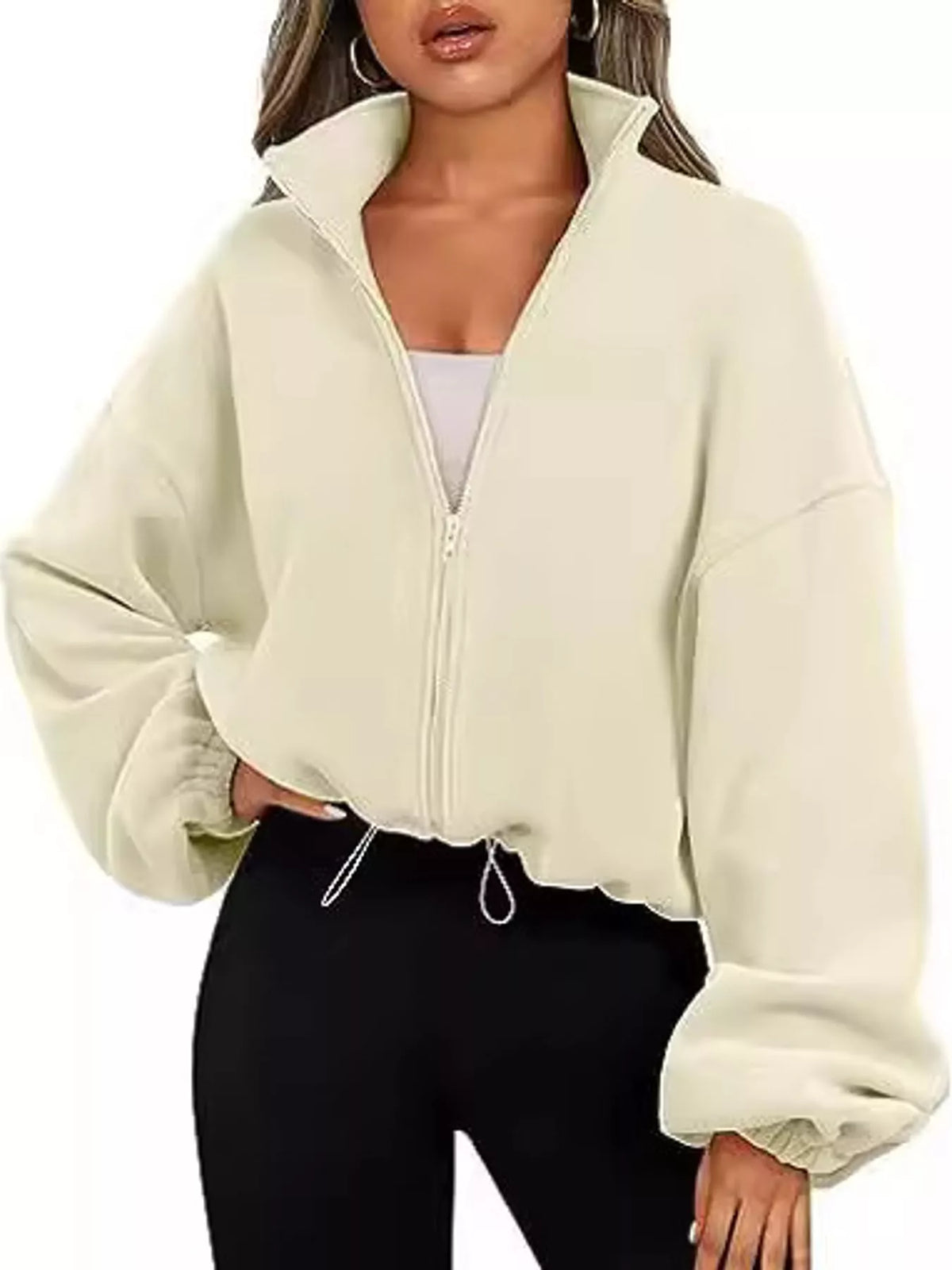 Cream drawstring hem zip-up jacket