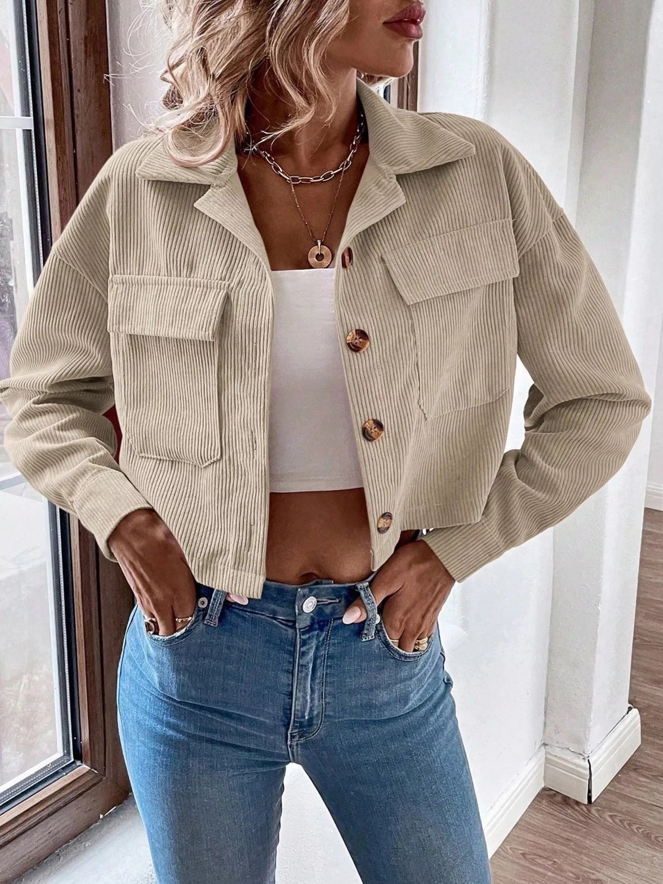 Trendsi Cropped Corduroy Button-Down Jacket -
