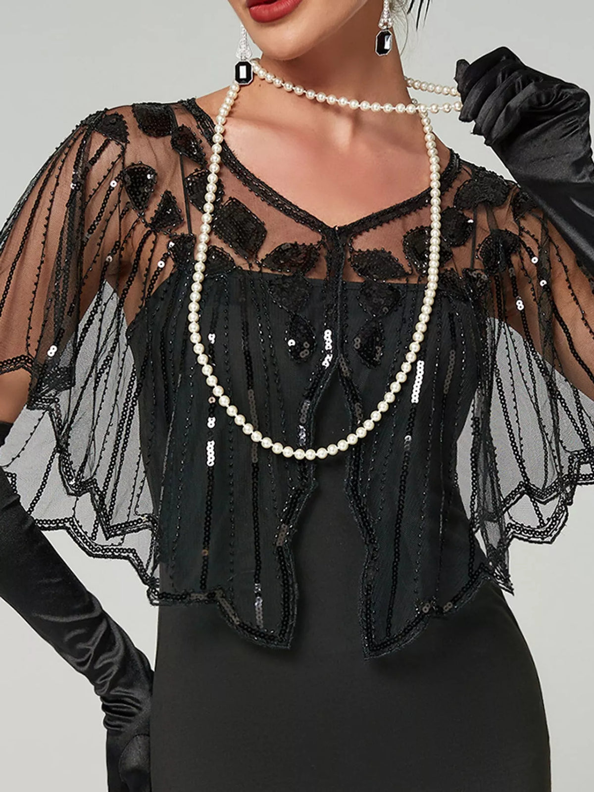 Women's Sequin Sheer Scalloped Capelet in black — front view