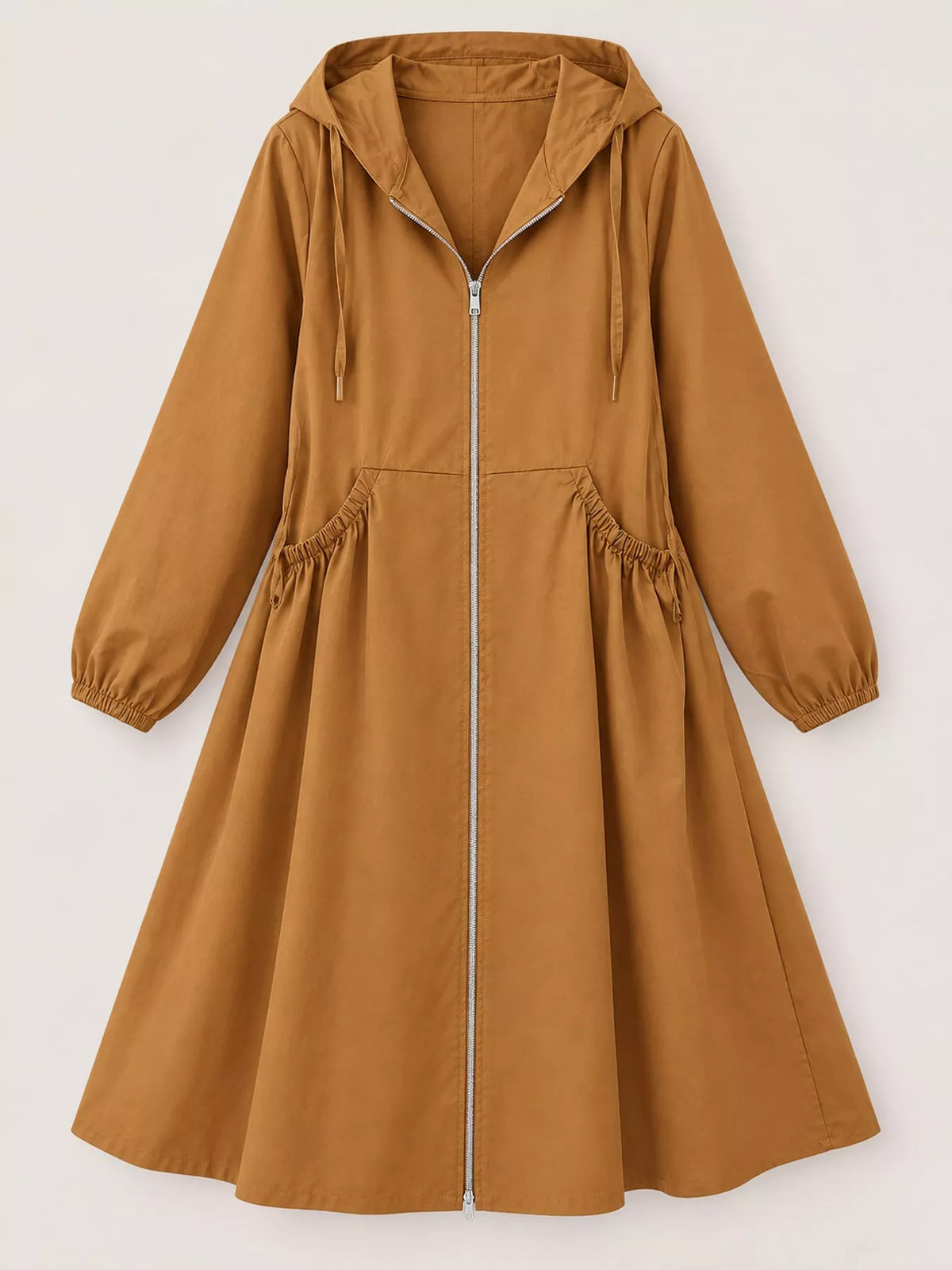 Hooded longline jacket, brown flat lay