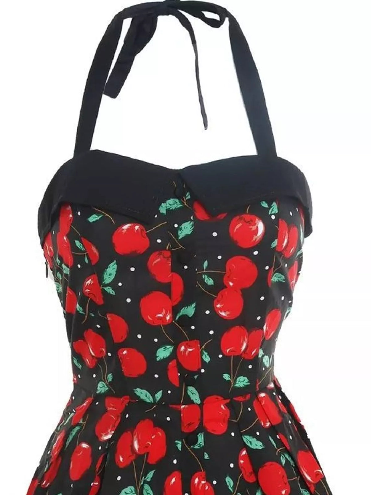 Halter neck sleeveless knee dress, construction and design details