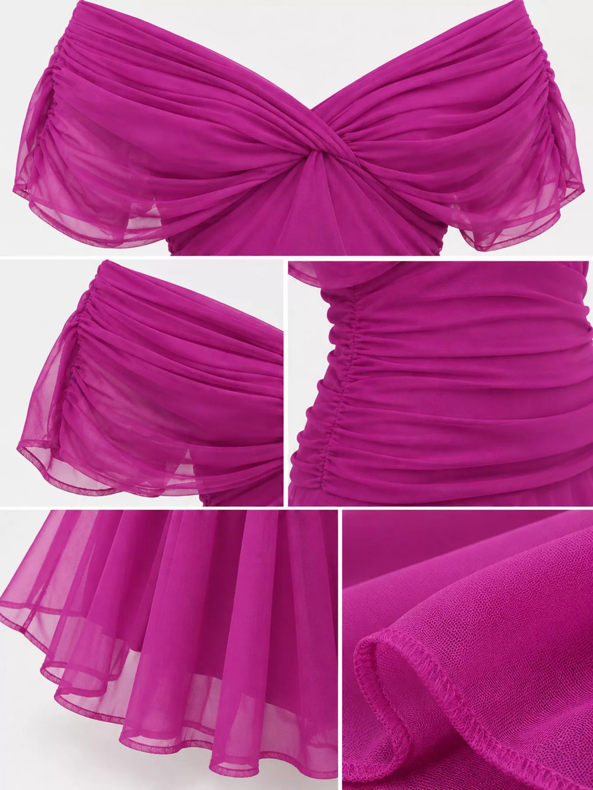 Fuchsia off shoulder ruched tulle evening dress, detail view