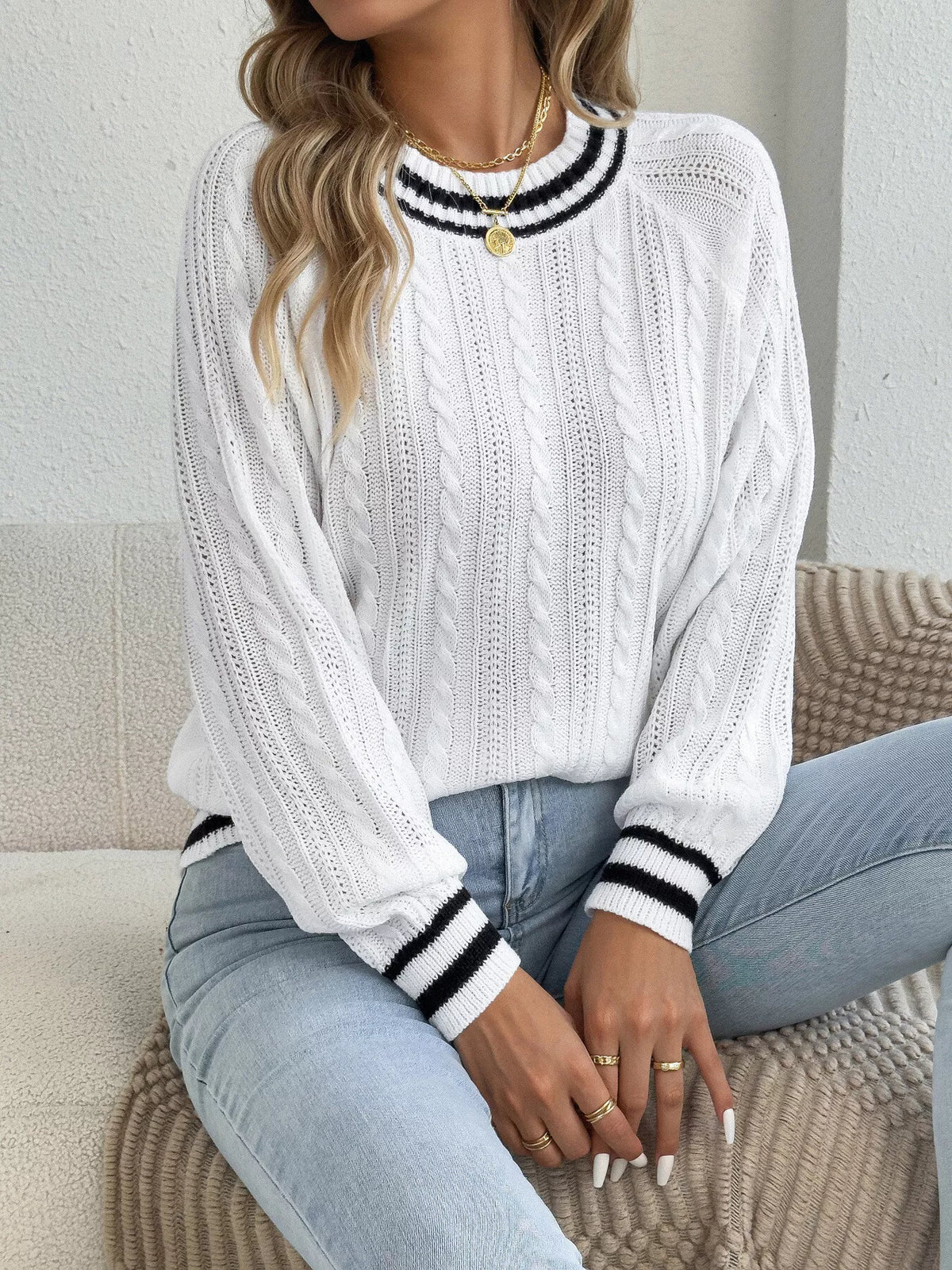 White striped trim cable knit sweater