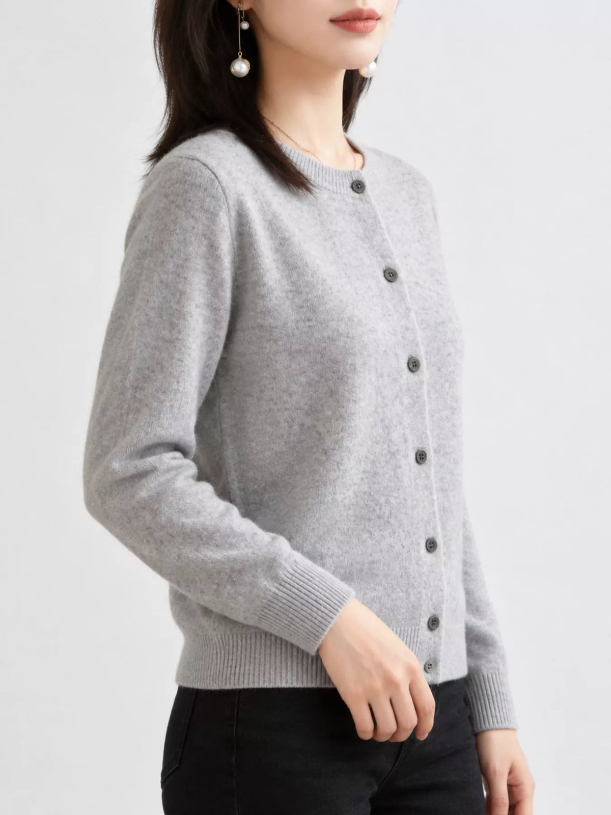 Gray crew neck button-front cardigan