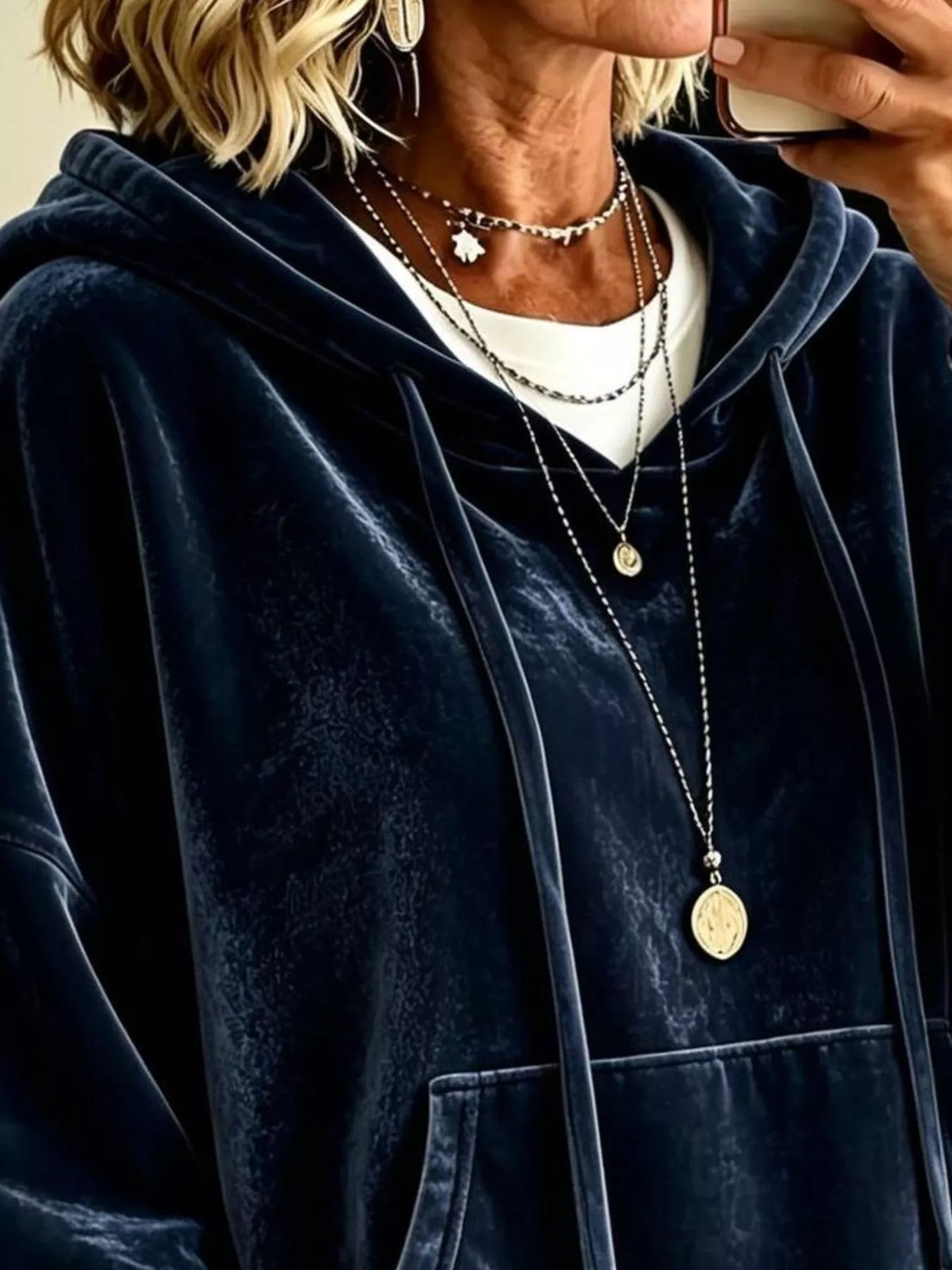 Navy velvet kangaroo pocket drawstring hoodie