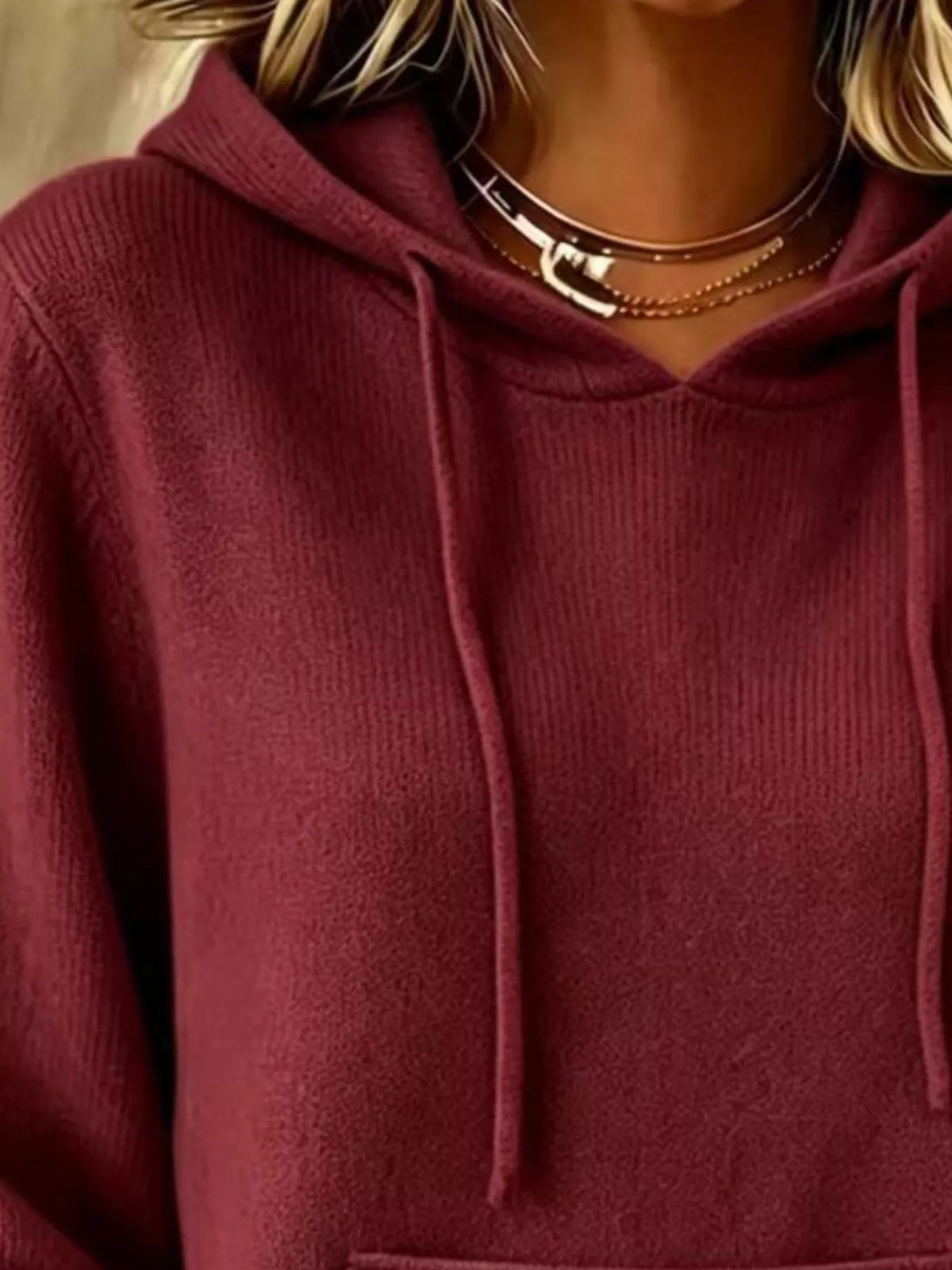 Women's Drawstring Kangaroo Pocket Hooded Sweater in burgundy — neckline detail view