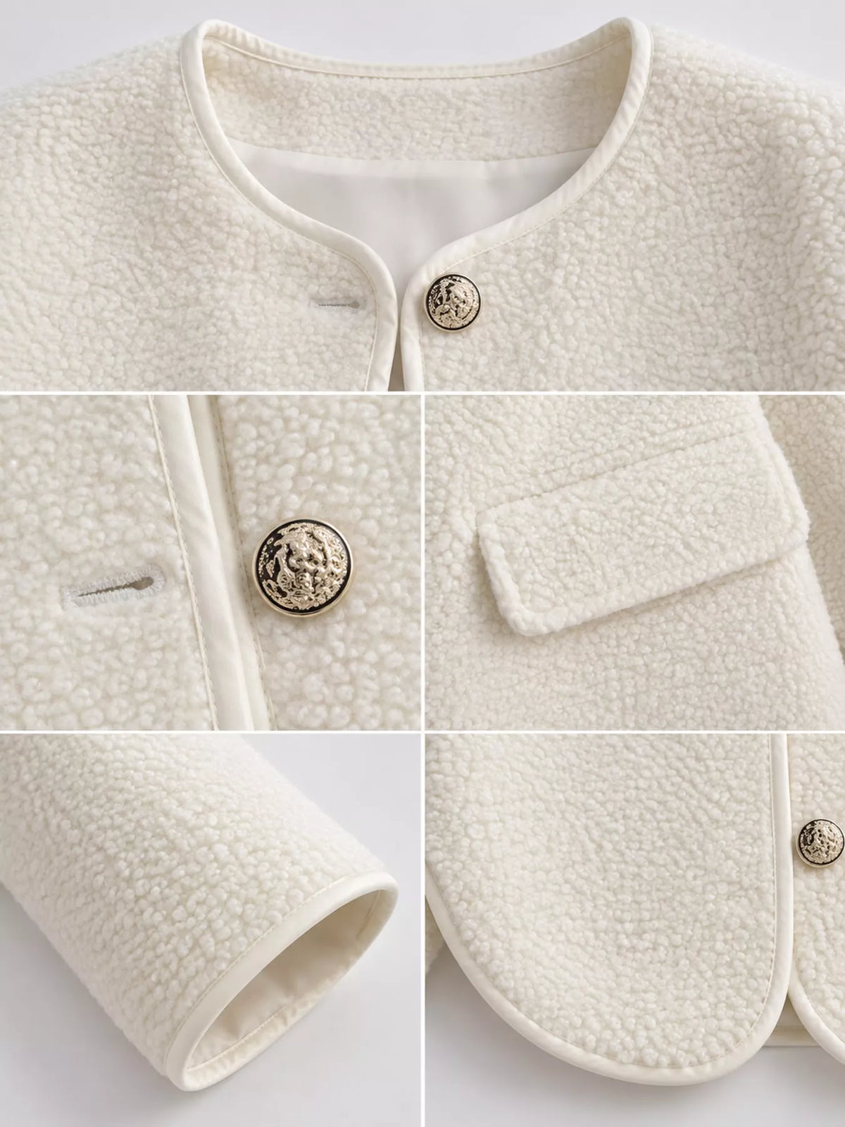 White textured button-front jacket — design and construction details