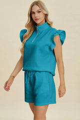 Trendsi Double Take Full Size Texture Flounce Sleeve Top and Shorts Set -