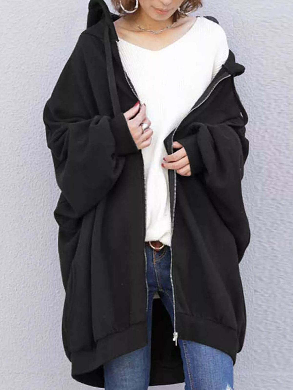 Black drawstring zip-up oversized hoodie