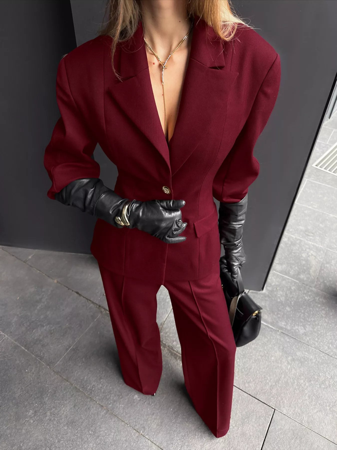 Trendsi Lapel Collar Blazer and Wide-Leg Pants Set -