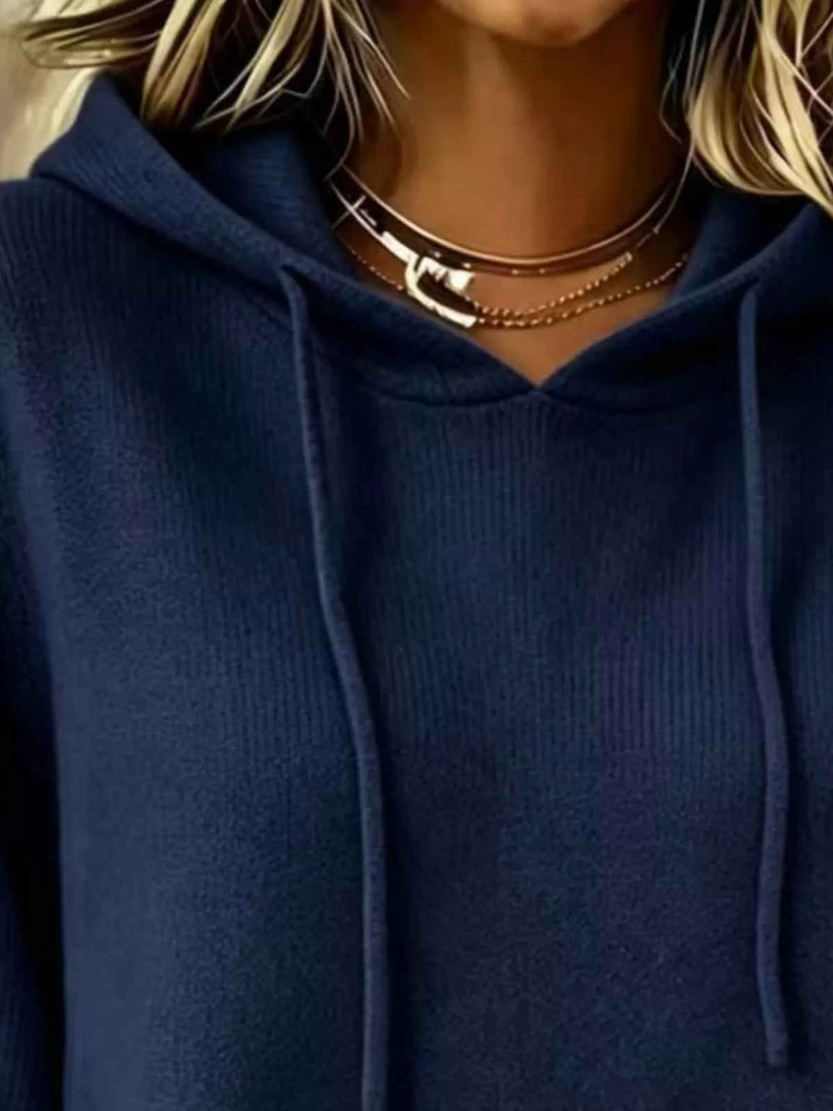 Women's Drawstring Kangaroo Pocket Hooded Sweater in navy — neckline detail view
