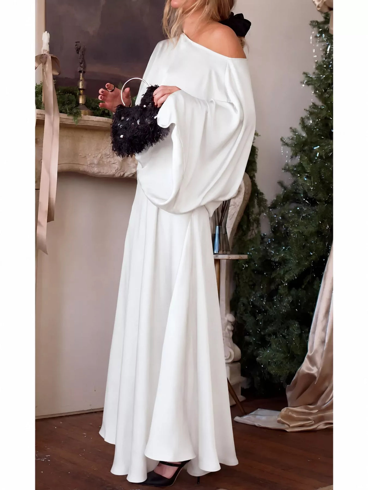 White satin cape sleeve maxi dress, side view