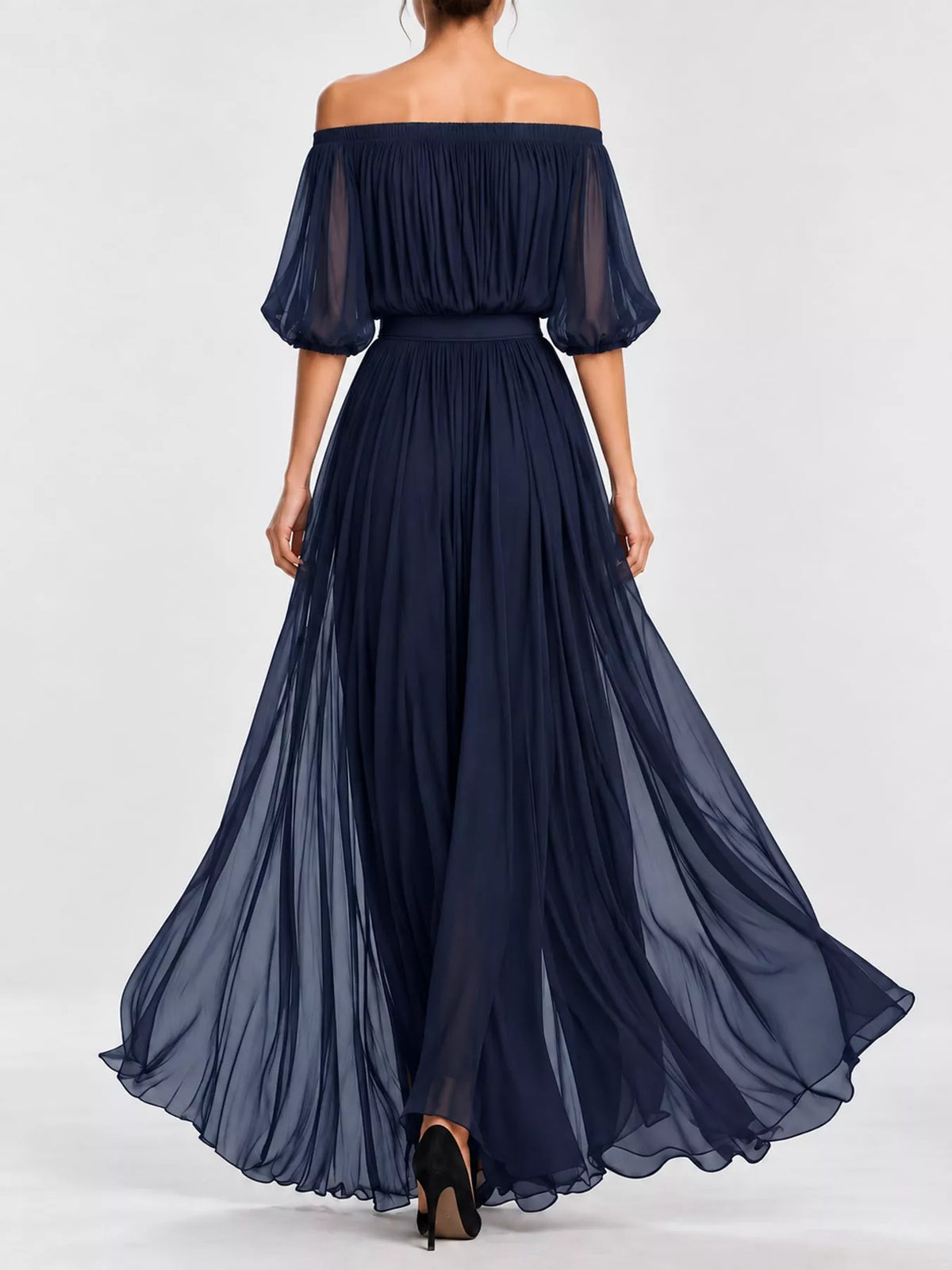Navy off shoulder ruched chiffon maxi dress, back view