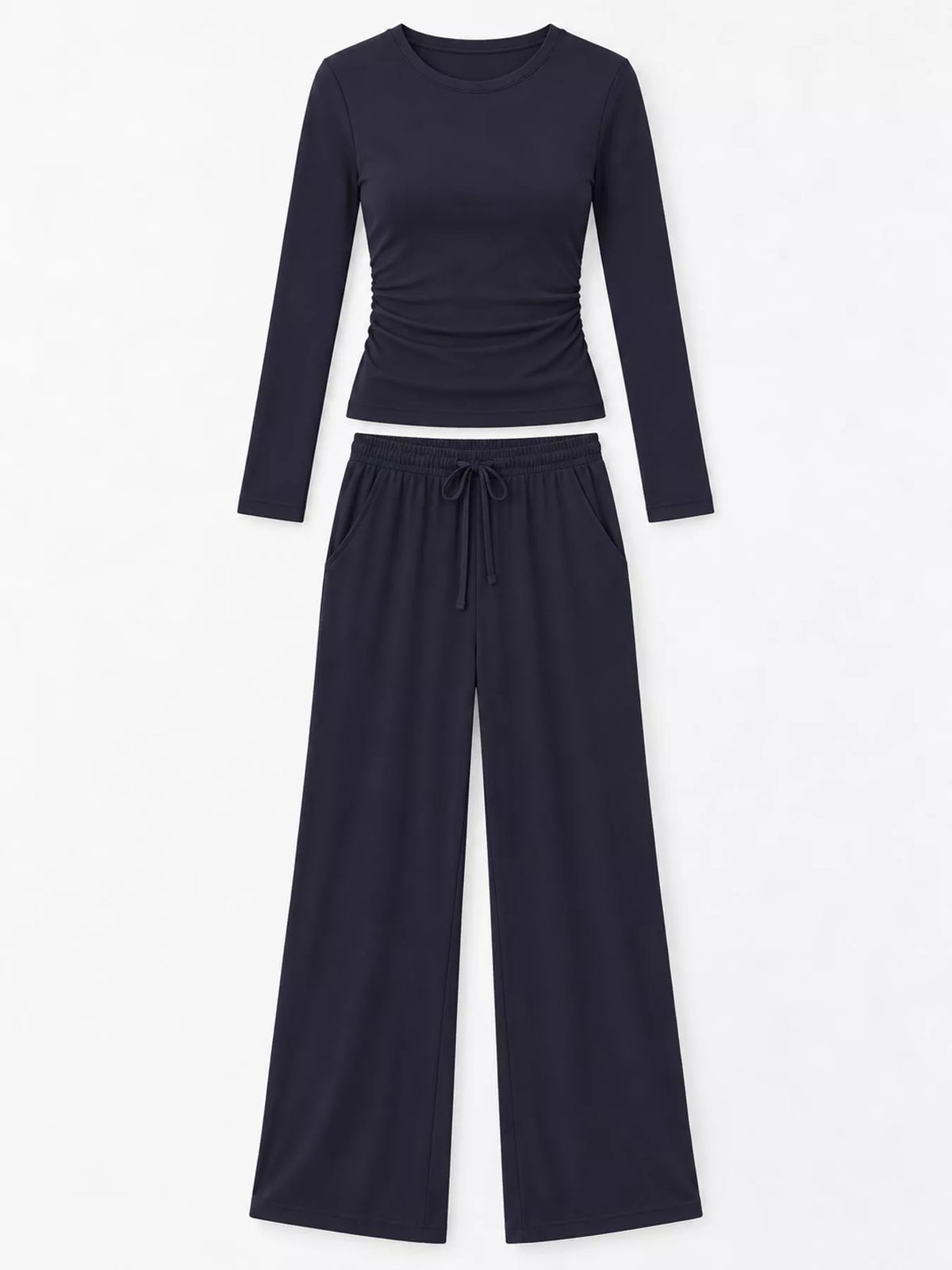 Long Sleeve Ruched Top and Wide-Leg Drawstring Pants Set — garment front