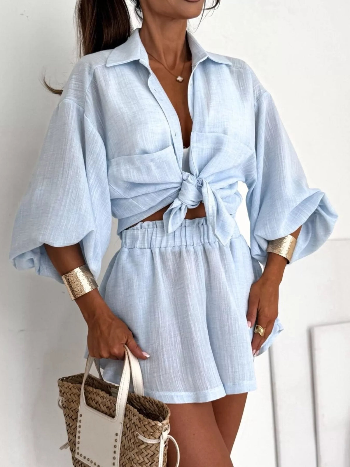 Trendsi Long Sleeve Shirt and High-Waisted Shorts Set -
