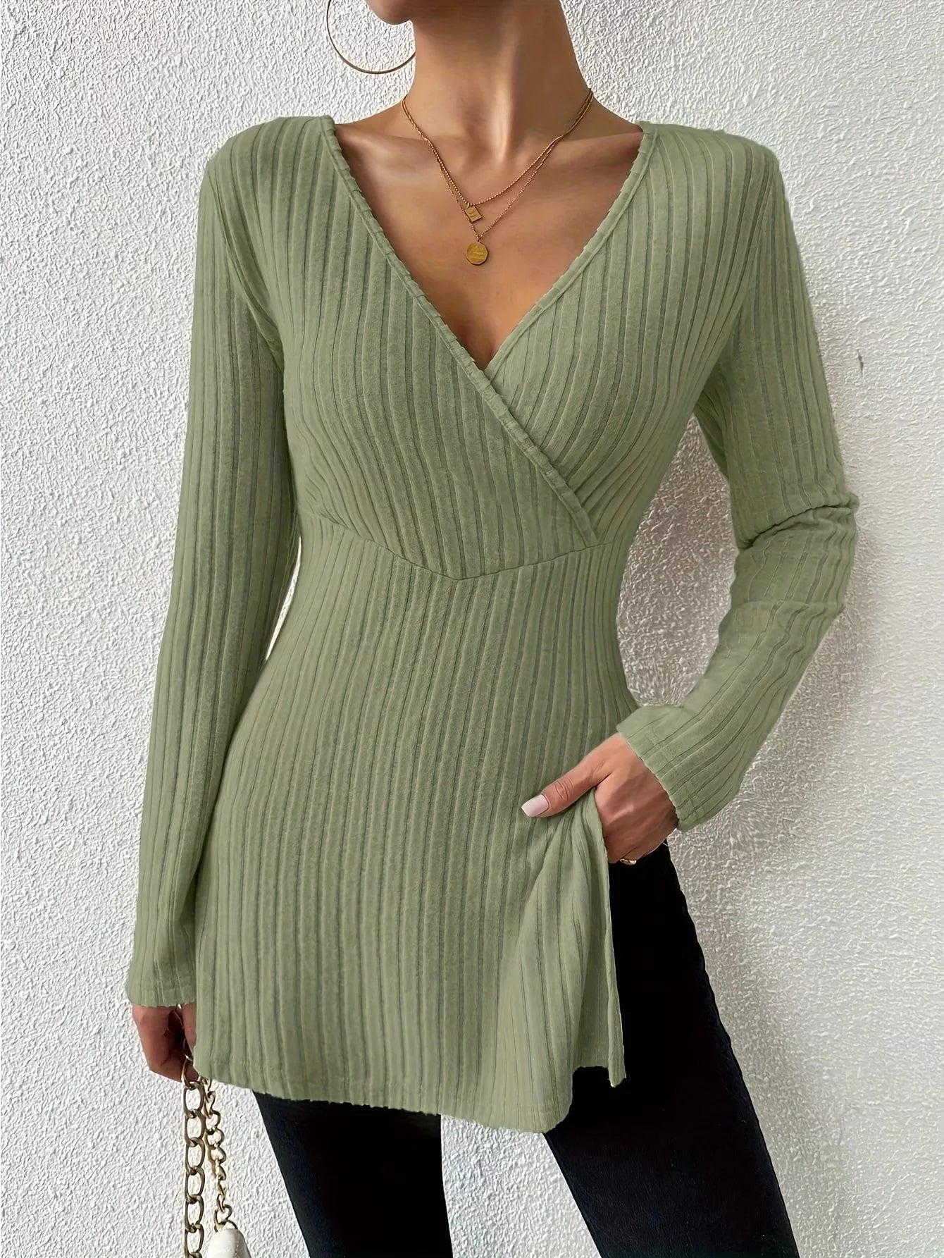 Trendsi Ribbed Knit Long Sleeve Wrap T-Shirt -