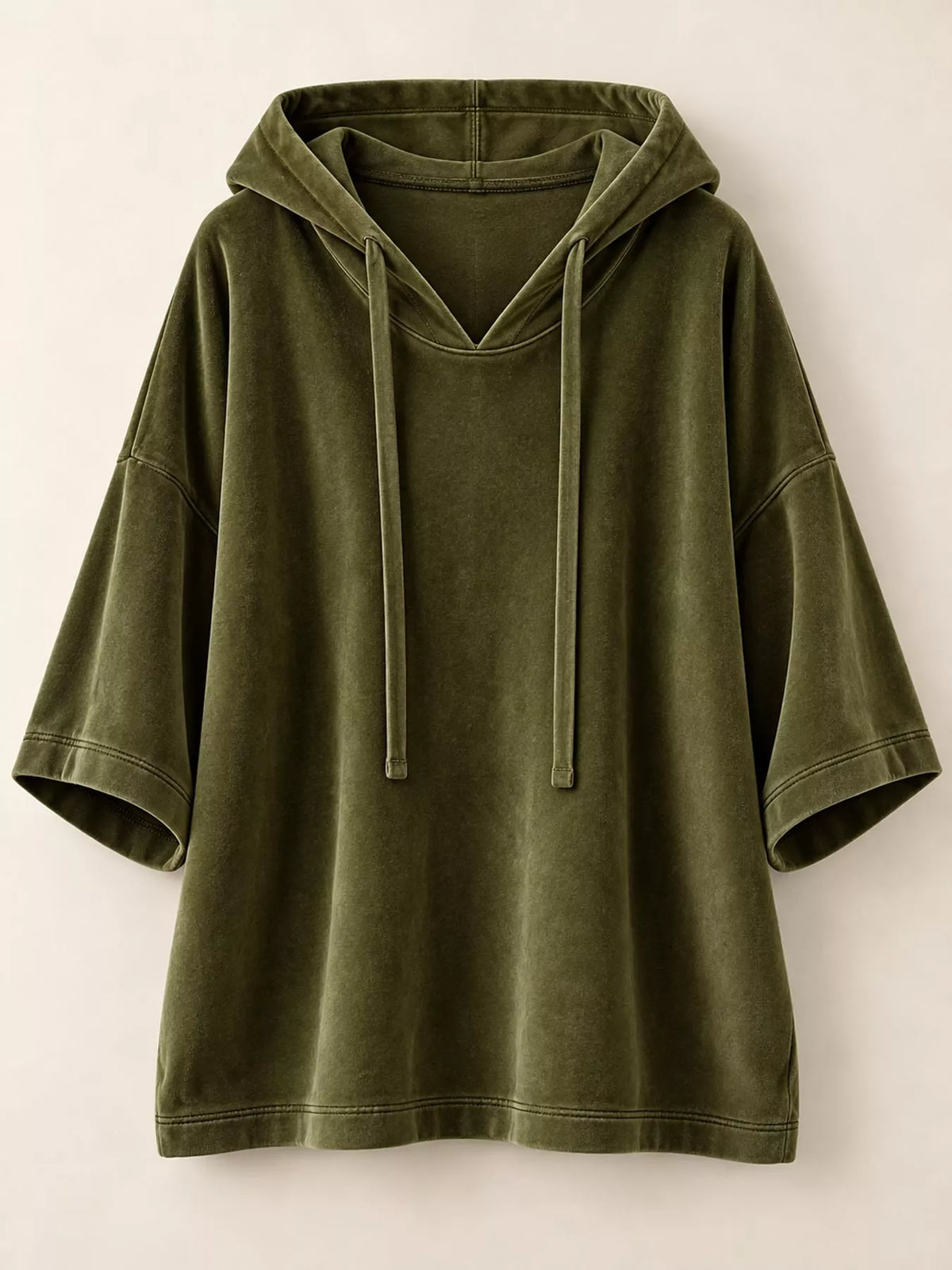 Green velvet half sleeve hoodie with drawstring