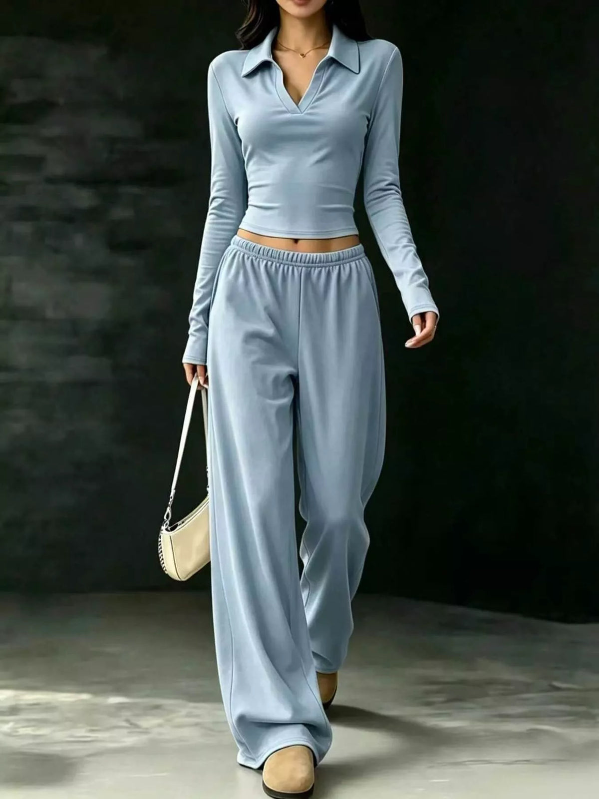 Blue polo top and wide-leg pants set