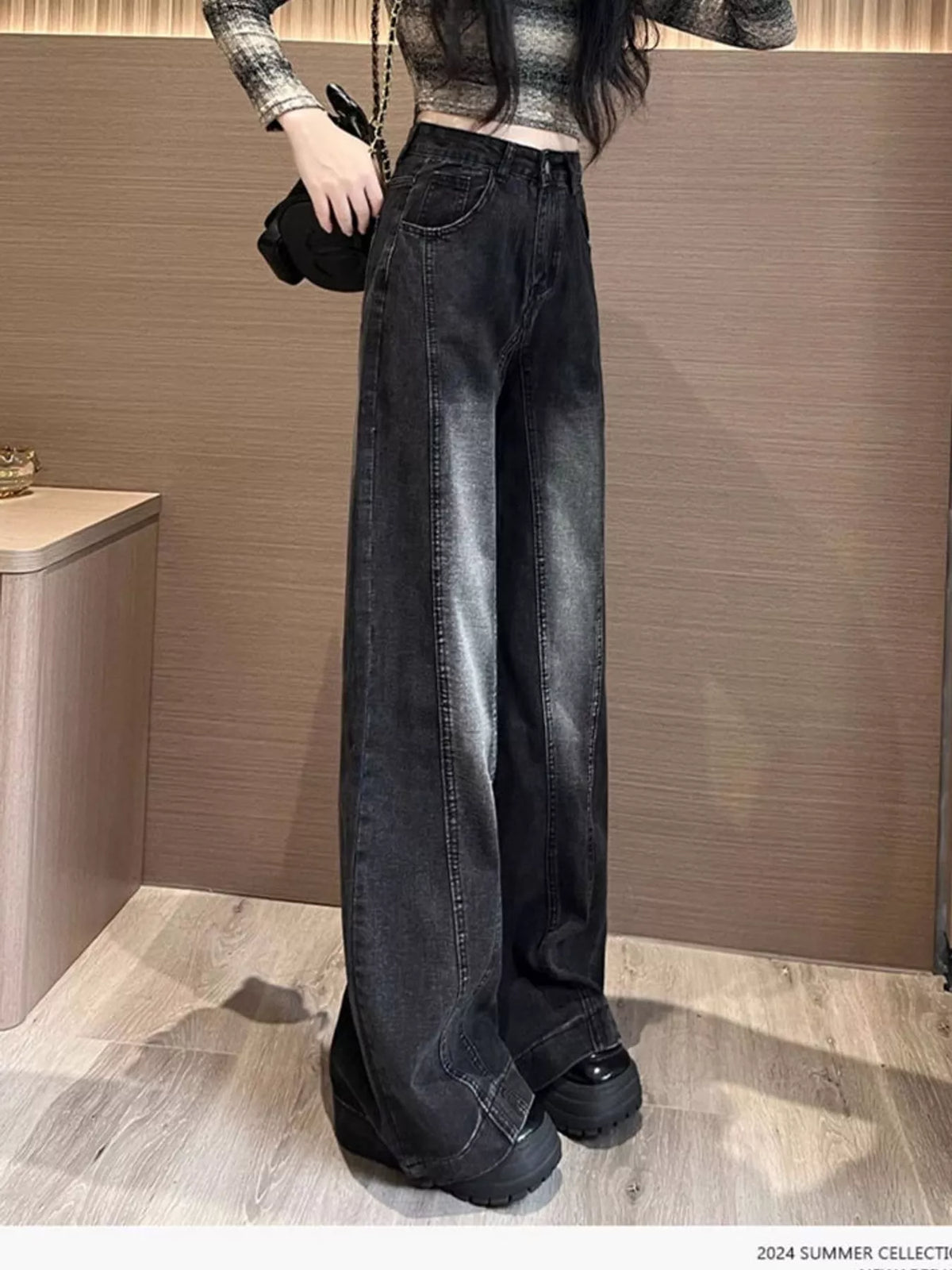 High-Waisted Washed Wide-Leg Jeans in black and gray