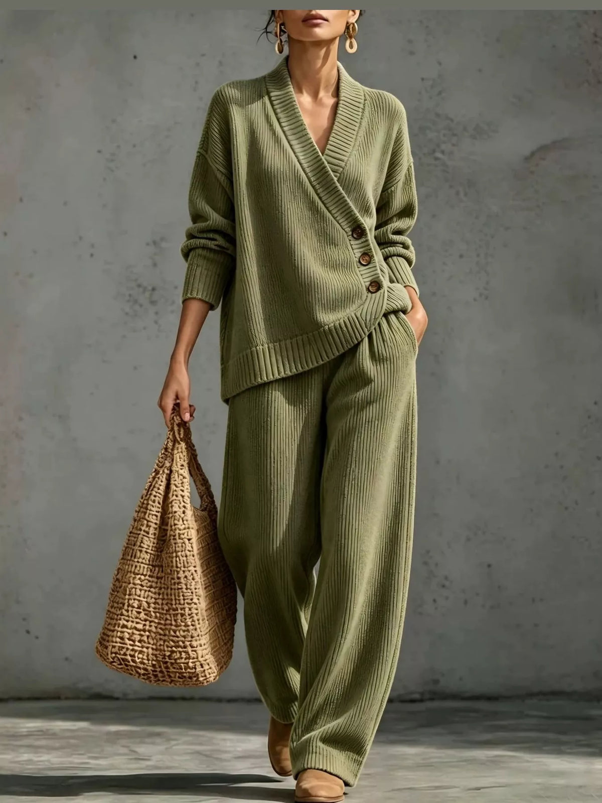 V-Neck Wrap Sweater and Wide-Leg Pants Set — front view