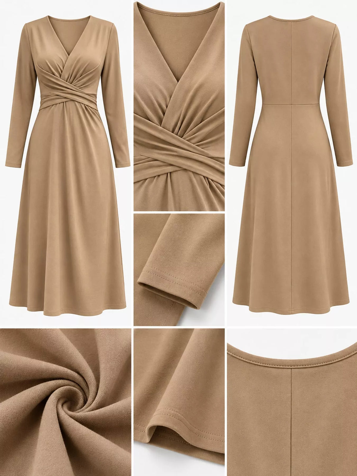 Camel long sleeve ruched-front midi dress, neckline waist and construction details